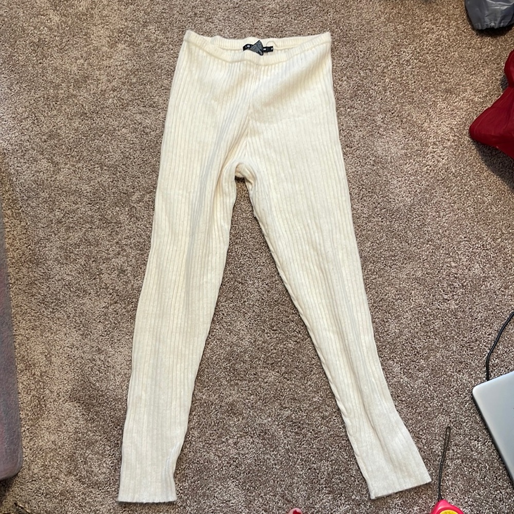 Designer Lambswool & Angora cream ribbed pants elastic waist size S Vintage